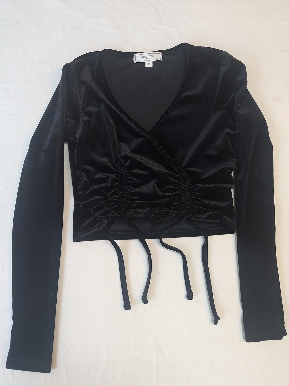 Velvet Crop Wrap Long Sleeve Shirt, size Small Plunge Sexy Top Black